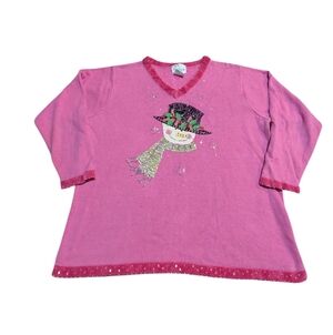 Quacker Factory Pink Beaded Embroidered Snowman 1X Ugly Christmas Sweater
